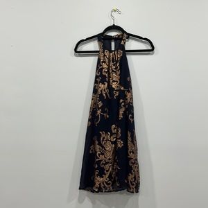 Metallic halter paisley navy blue chiffon dress with a keyhole back